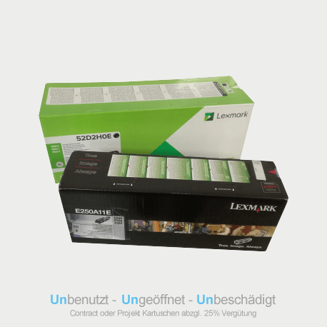 Auf dem Bild sehen Sie den Artikel52D2H00/0E von Lexmark. Dieses Toner Modell eignet sich für die Wiederverwendung und wird daher angekauft.